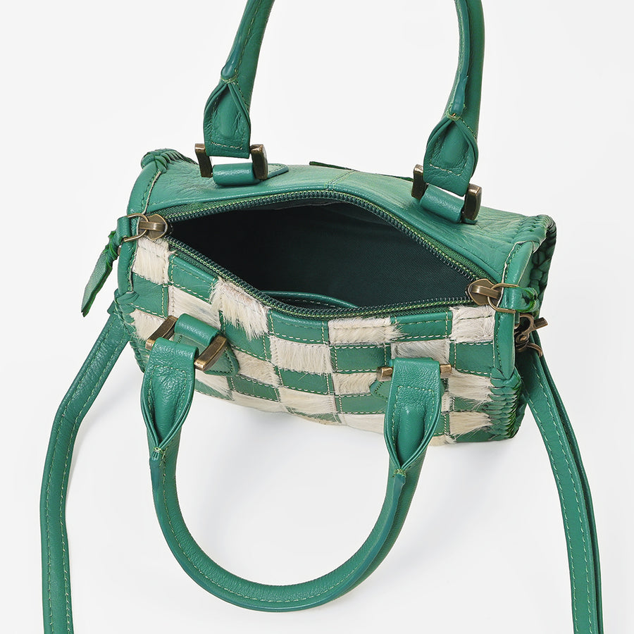 American Darling Green Checkered Leather Mini Handbag for Women – Woven Hair-On Leather Tote