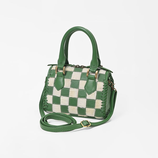 American Darling Hair-On Cowhide Leather Satchel Handbag for Women-Green Ivory Checkerboard Crossbody Purse