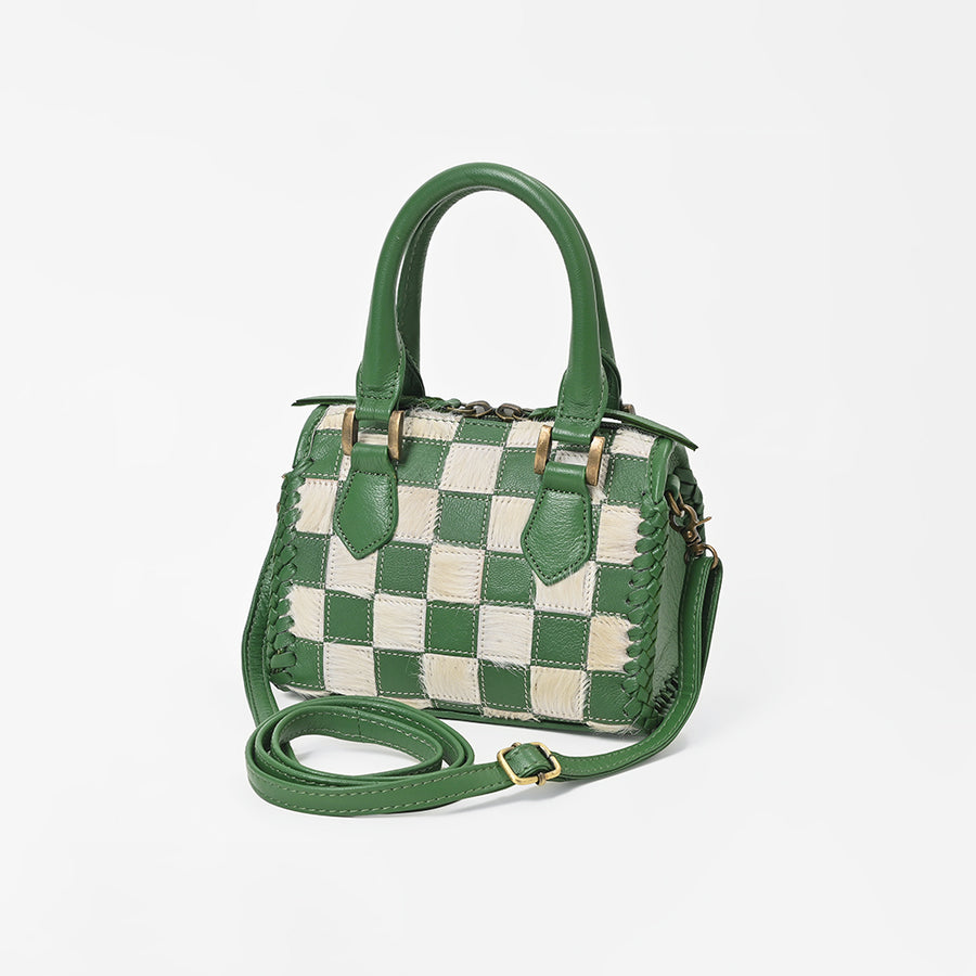 American Darling Hair-On Cowhide Leather Satchel Handbag for Women-Green Ivory Checkerboard Crossbody Purse