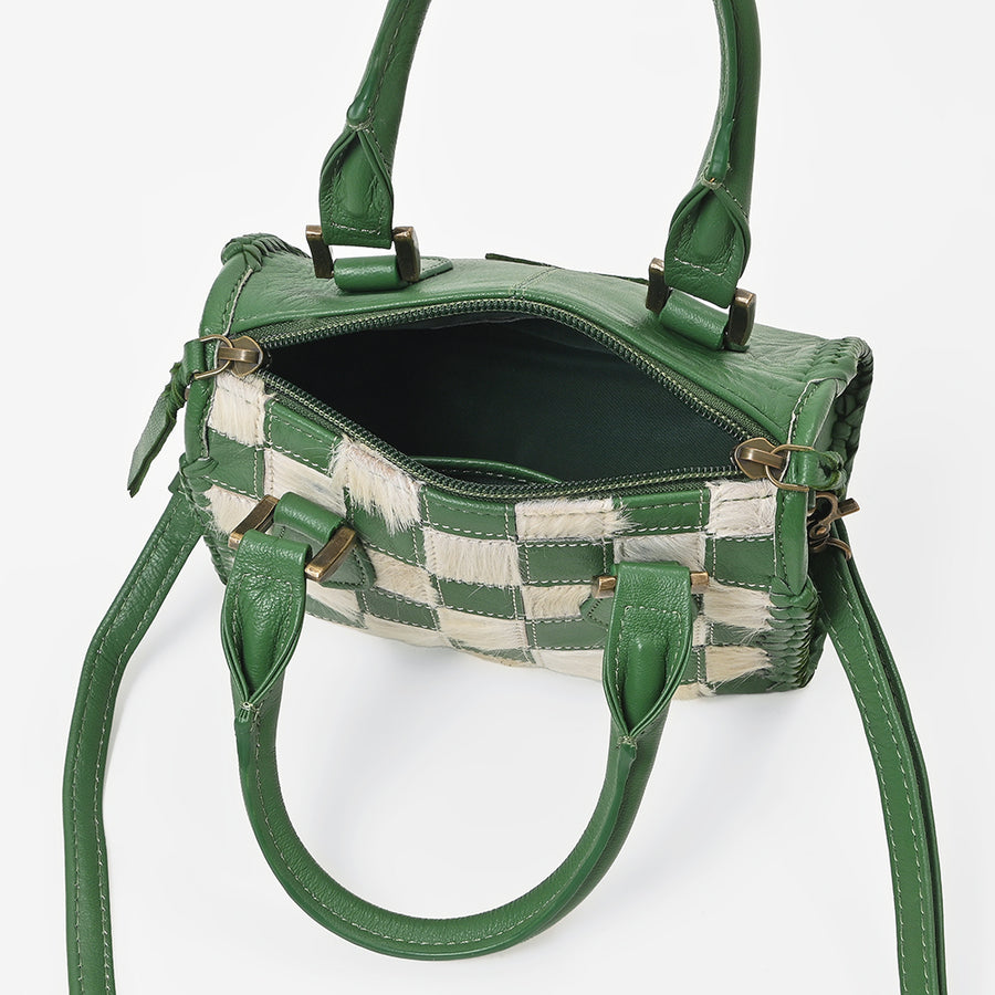 American Darling Hair-On Cowhide Leather Satchel Handbag for Women-Green Ivory Checkerboard Crossbody Purse