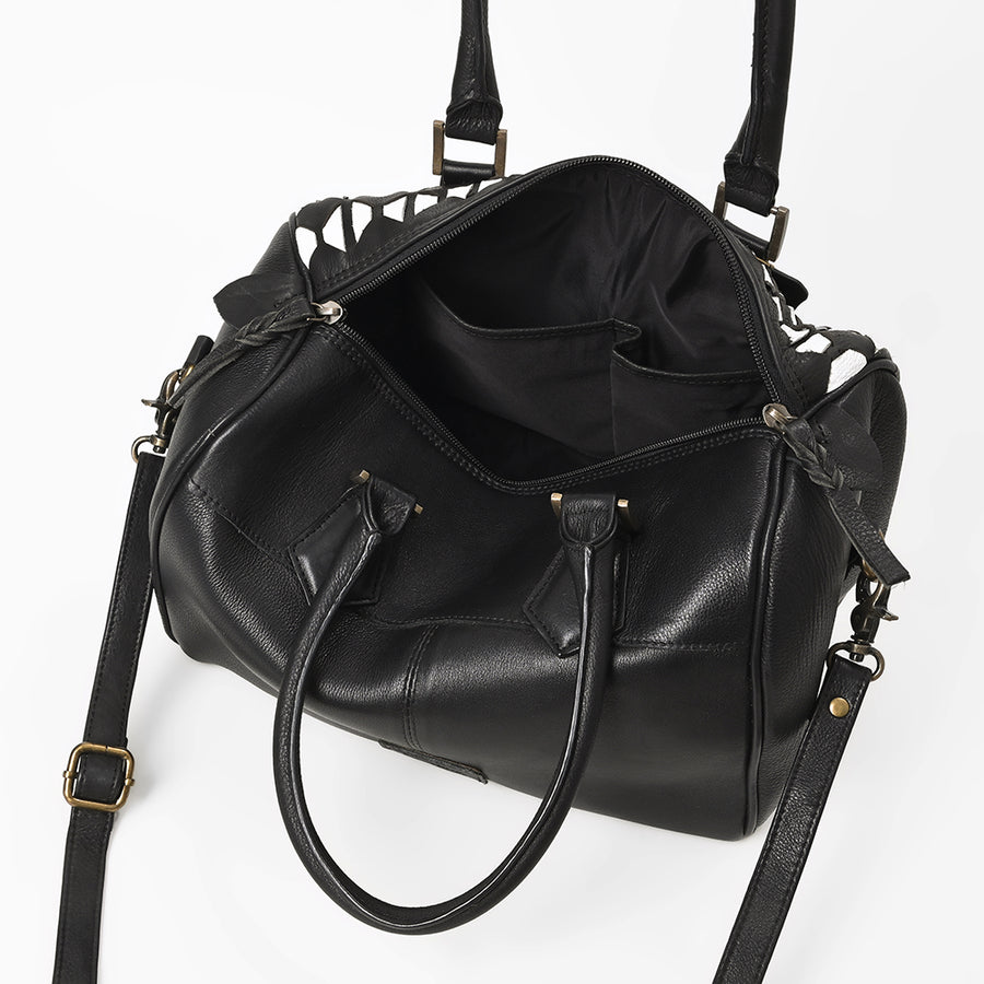 American Darling Black Geometric Hair-On Hide Leather Bowler Speedy Bag