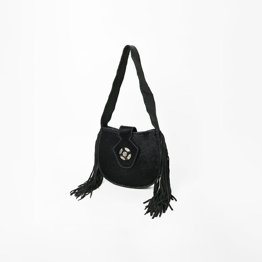 American Darling Black Hair-On Hide Leather Fringe Shoulder Bag w/ Concho