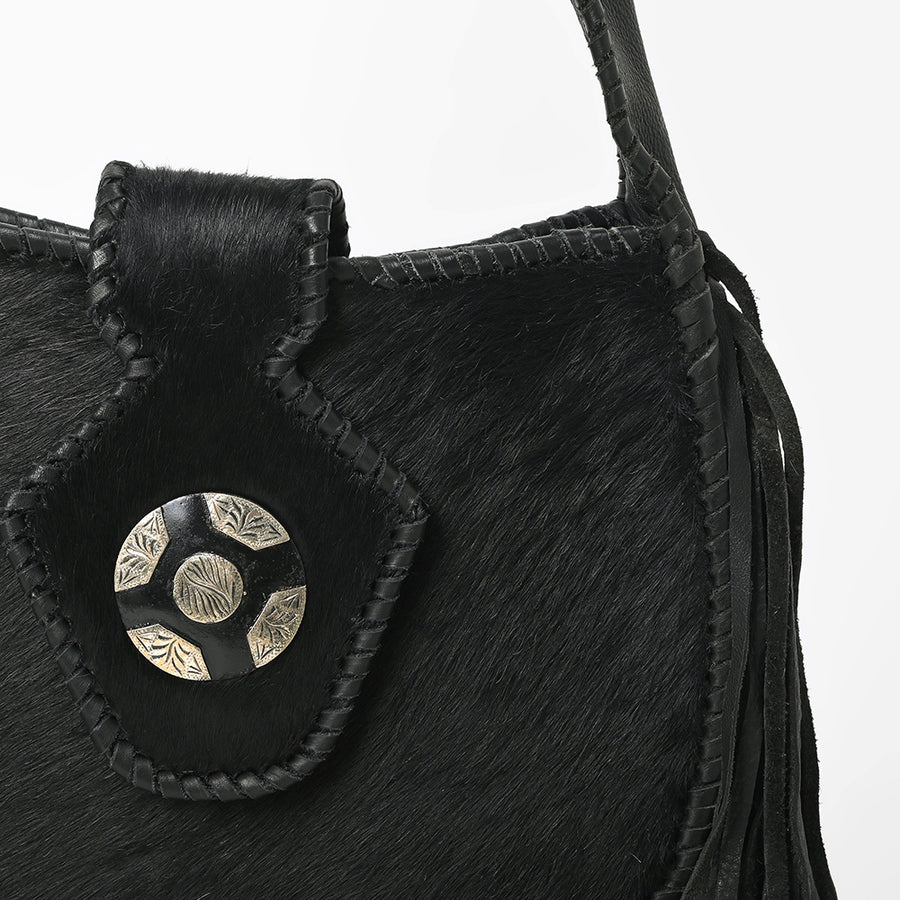 American Darling Black Hair-On Hide Leather Fringe Shoulder Bag w/ Concho