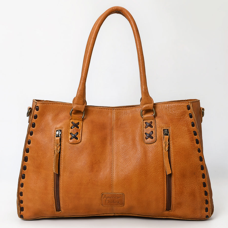 American Darling Tote Bag - Genuine Vegetable-Tanned Leather Western Purse with Buck Stitching & YKK Zipper