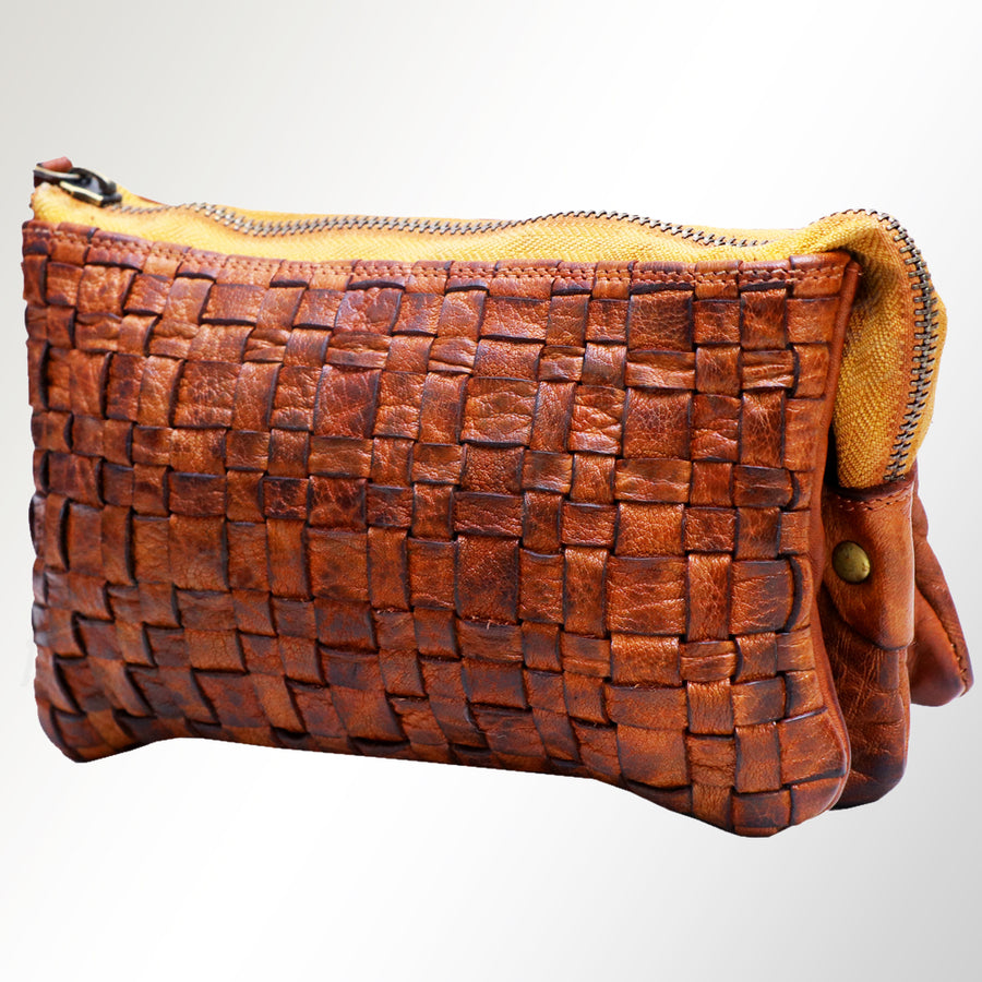 American Darling Genuine Leather Woven Cosmetic Pouch for Women, Brown Handwoven Zipper Makeup Bag