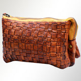 American Darling Genuine Leather Woven Cosmetic Pouch for Women, Brown Handwoven Zipper Makeup Bag