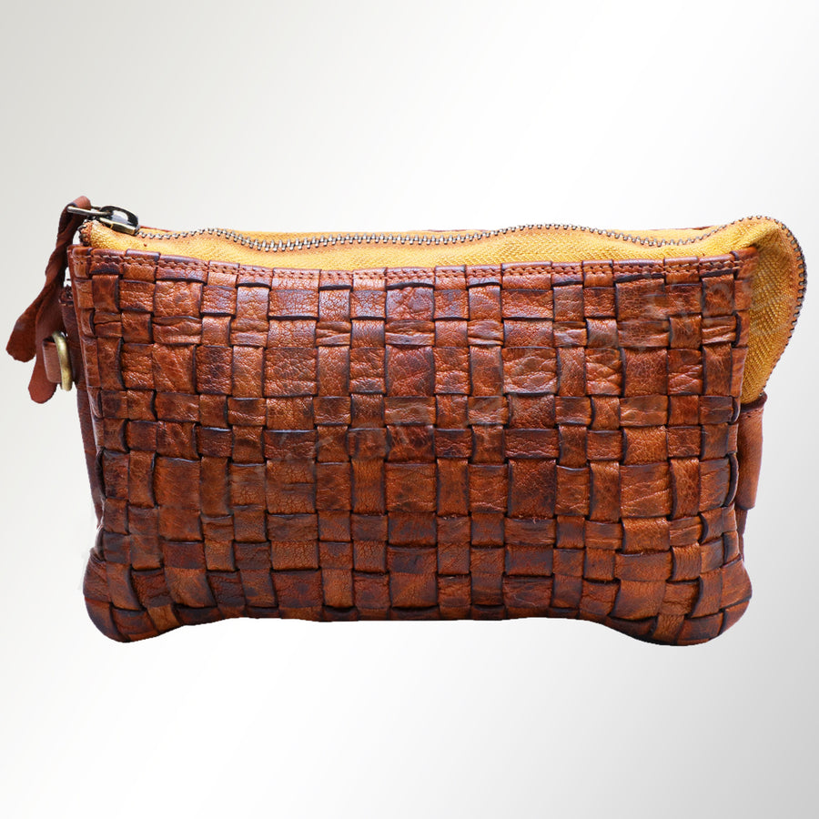 American Darling Genuine Leather Woven Cosmetic Pouch for Women, Brown Handwoven Zipper Makeup Bag