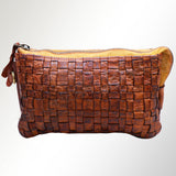 American Darling Genuine Leather Woven Cosmetic Pouch for Women, Brown Handwoven Zipper Makeup Bag
