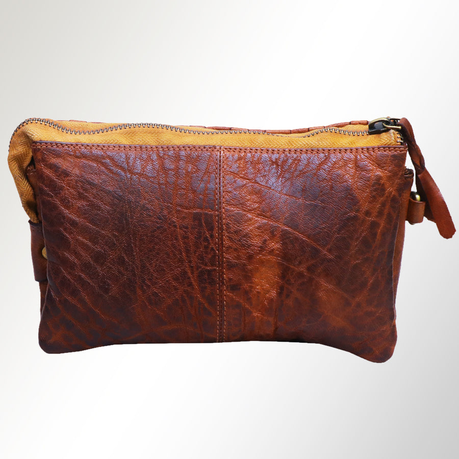 American Darling Genuine Leather Woven Cosmetic Pouch for Women, Brown Handwoven Zipper Makeup Bag