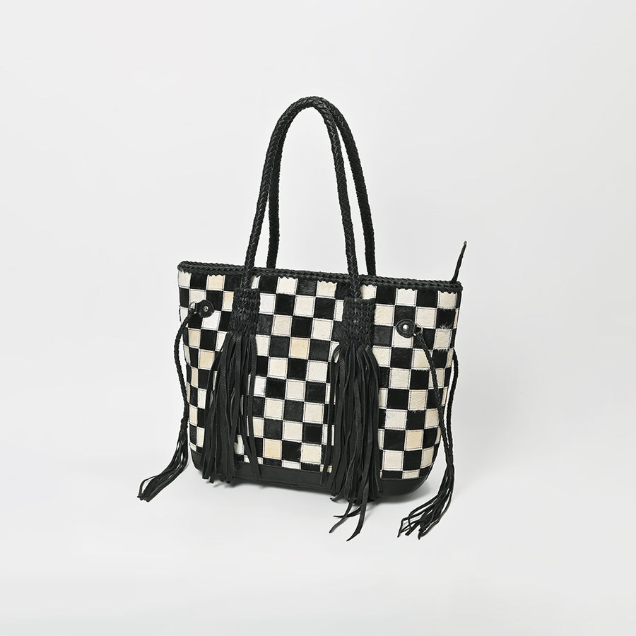 American Darling Genuine Cowhide Leather Tote Bag for Women - Black and White Checkered Hair-On Bag - Uhorse
