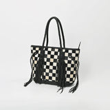 American Darling Genuine Cowhide Leather Tote Bag for Women - Black and White Checkered Hair-On Bag - Uhorse
