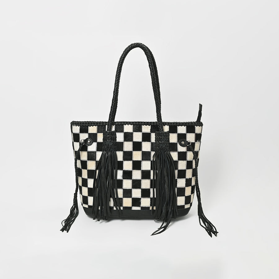 Genuine Cowhide Leather Tote Bag for Women – Black & White Checkered Hair-On Bag