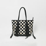 Genuine Cowhide Leather Tote Bag for Women – Black & White Checkered Hair-On Bag
