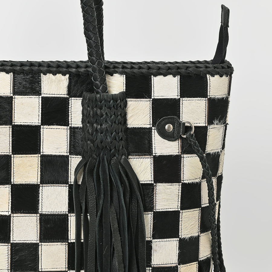 Genuine Cowhide Leather Tote Bag for Women – Black & White Checkered Hair-On Bag