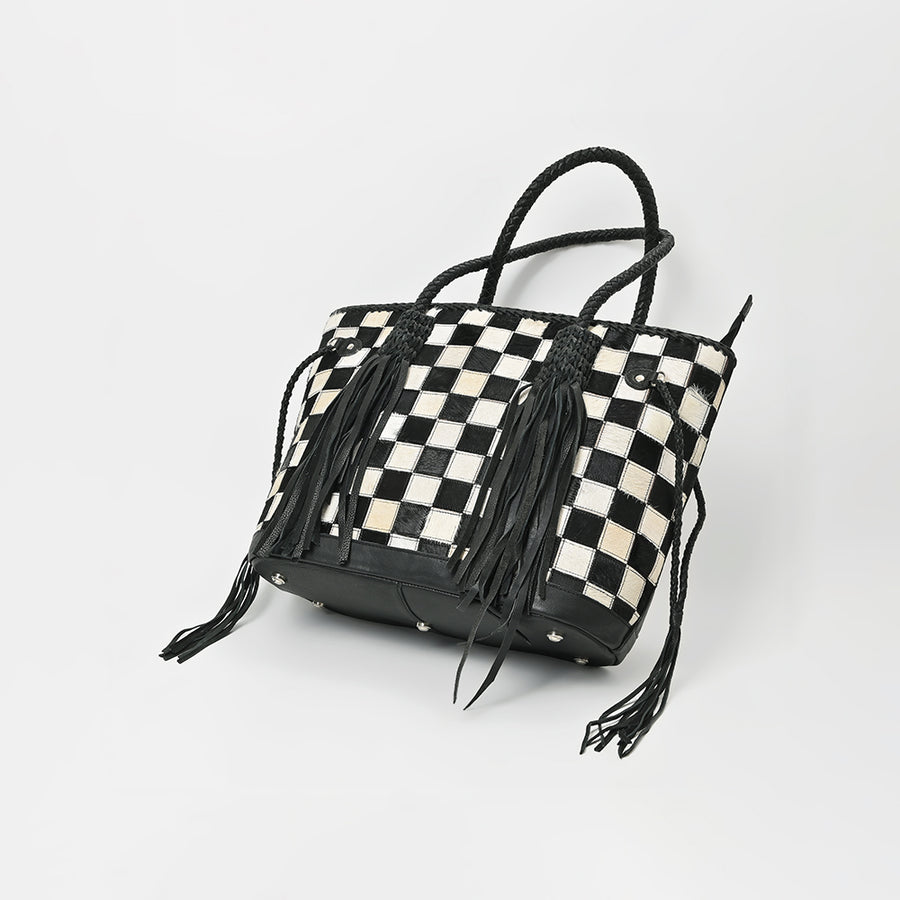 Genuine Cowhide Leather Tote Bag for Women – Black & White Checkered Hair-On Bag