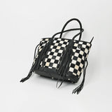 Genuine Cowhide Leather Tote Bag for Women – Black & White Checkered Hair-On Bag