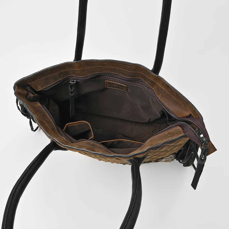American Darling Western Quilted Leather Tote with Hair-On Panel & Fringe