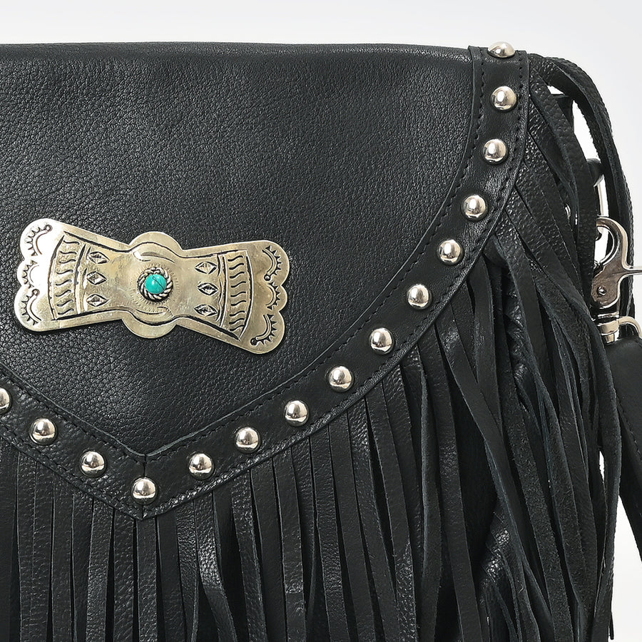 American Darling Genuine Leather Fringe Crossbody Bag for Women, Western Boho Shoulder Purse with Studded Flap Detail