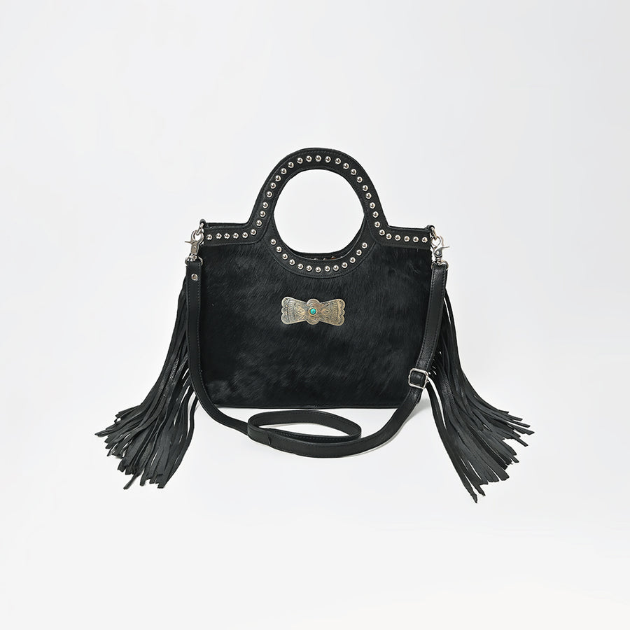 American Darling Black Hair-On Hide Fringe Handbag Studded Round Handle Crossbody Purse Women Genuine Leather Shoulder Tote