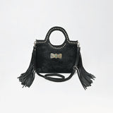 American Darling Black Hair-On Hide Fringe Handbag Studded Round Handle Crossbody Purse Women Genuine Leather Shoulder Tote