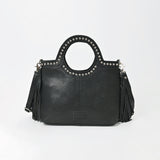 American Darling Black Hair-On Hide Fringe Handbag Studded Round Handle Crossbody Purse Women Genuine Leather Shoulder Tote
