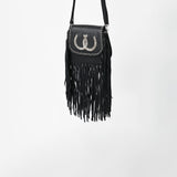 American Darling Black Genuine Leather Fringe Crossbody Bag w/ Horseshoe Concho