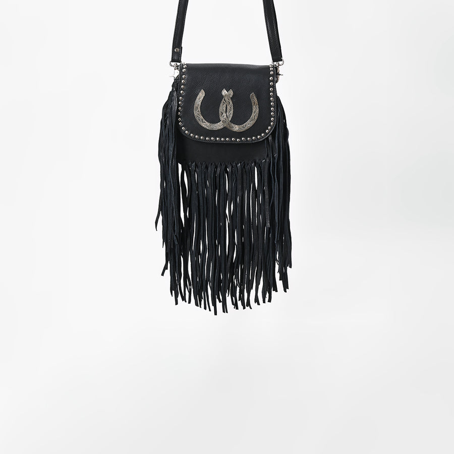 American Darling Black Genuine Leather Fringe Crossbody Bag w/ Horseshoe Concho