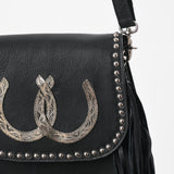 American Darling Black Genuine Leather Fringe Crossbody Bag w/ Horseshoe Concho