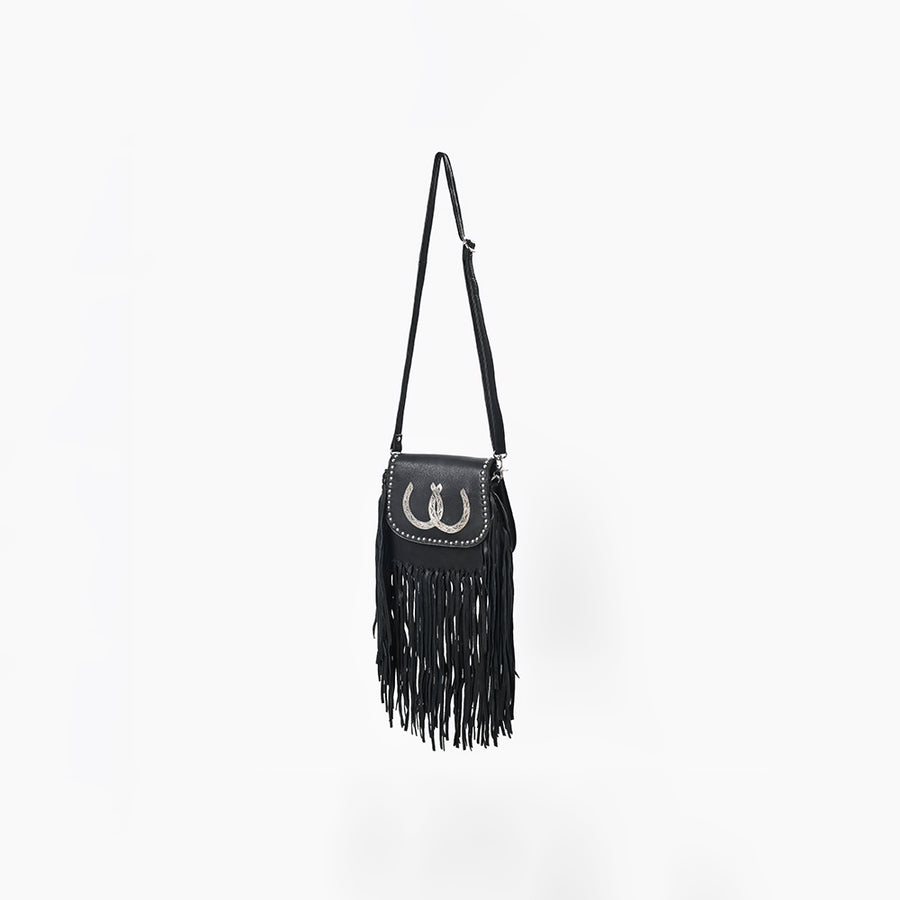 American Darling Black Genuine Leather Fringe Crossbody Bag w/ Horseshoe Concho
