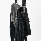 American Darling Black Genuine Leather Fringe Crossbody Bag w/ Horseshoe Concho