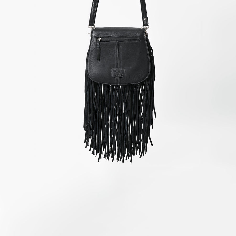 American Darling Black Genuine Leather Fringe Crossbody Bag w/ Horseshoe Concho
