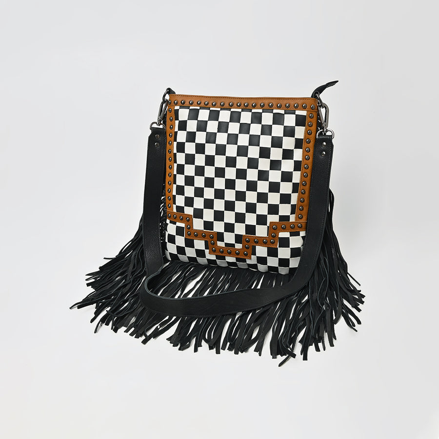 American Darling Checkered Western Crossbody Bag Black and White Tan Leather Trim - Uhorse