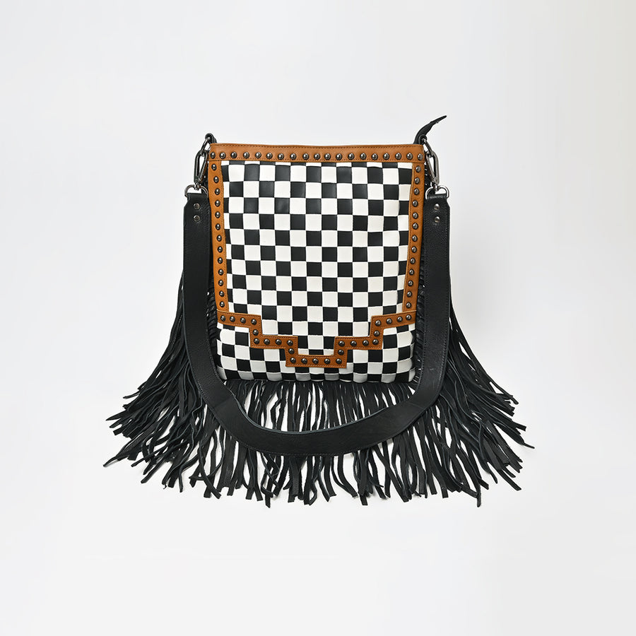 American Darling Checkered Western Crossbody Bag Black & White Tan Leather Trim