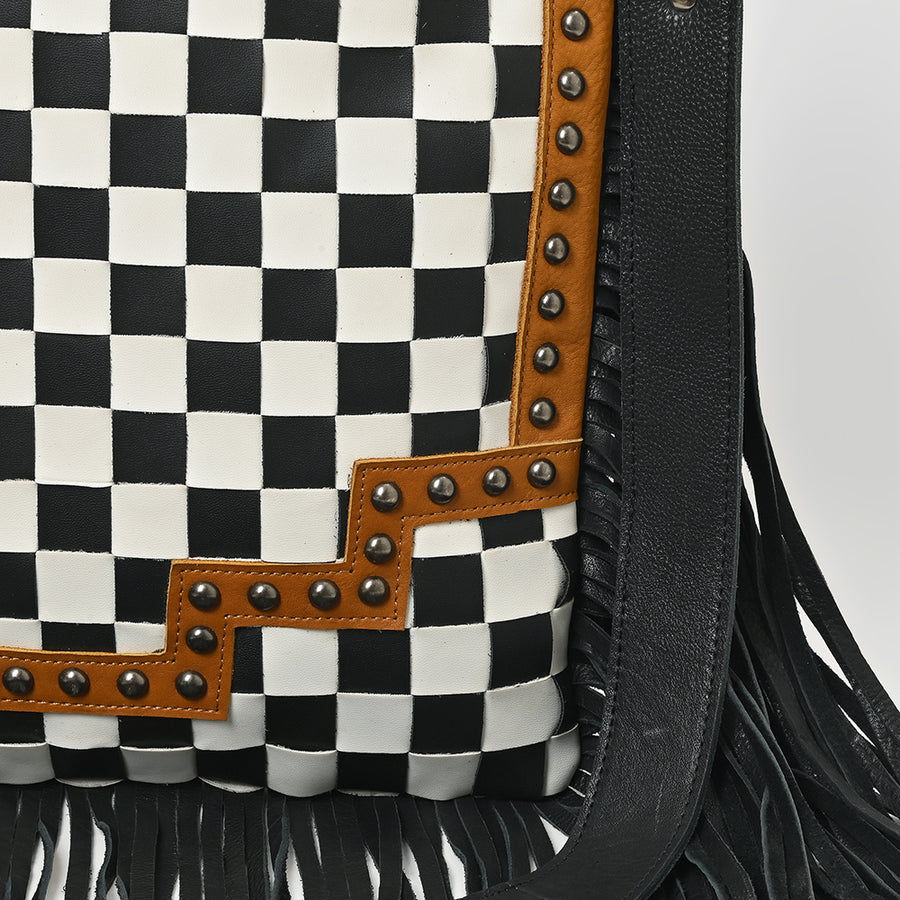 American Darling Checkered Western Crossbody Bag Black & White Tan Leather Trim