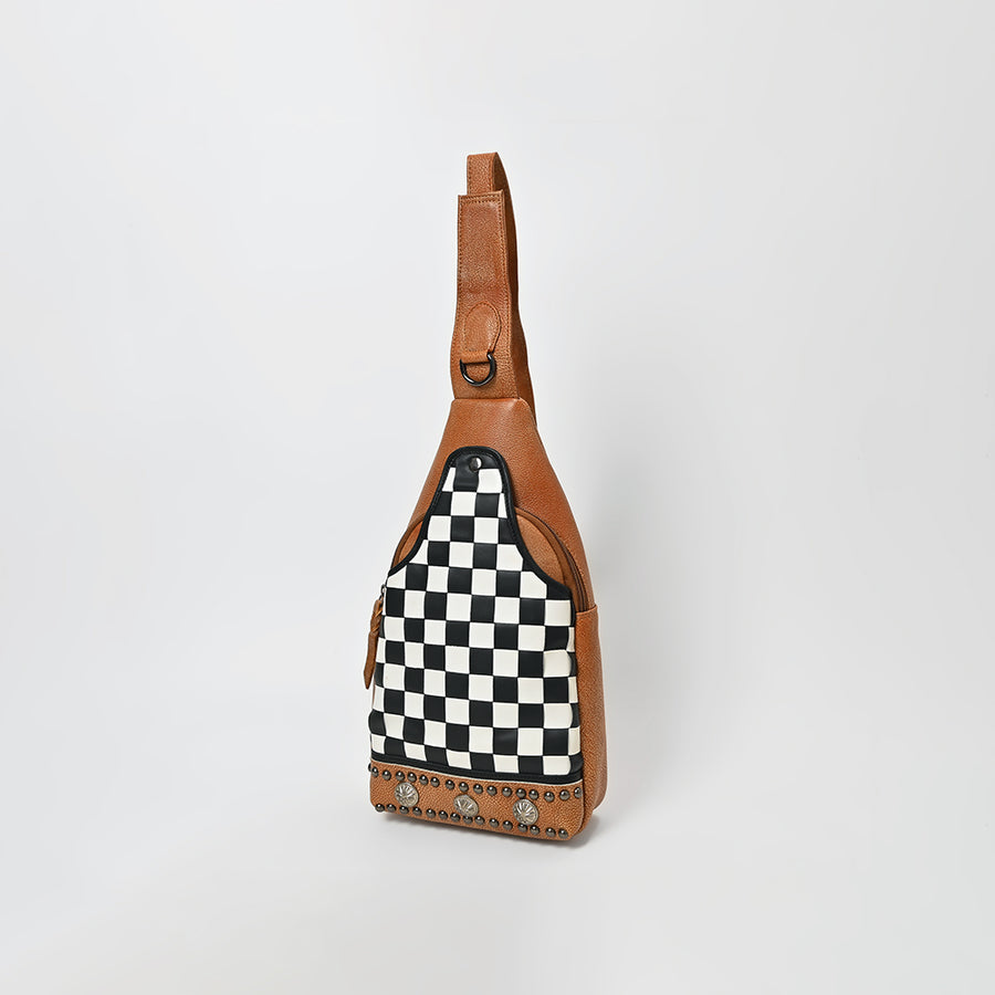 American Darling Chestnut Sling Bag Black White Checkered Panel Crossbody Style - Uhorse
