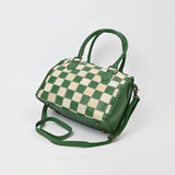 American Darling Hair-On Hide Satchel Bag for Women, Checkered Leather Handbag with Braided Crossbody Strap Black & Green