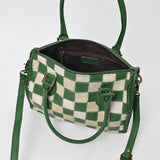 American Darling Hair-On Hide Satchel Bag for Women, Checkered Leather Handbag with Braided Crossbody Strap Black & Green