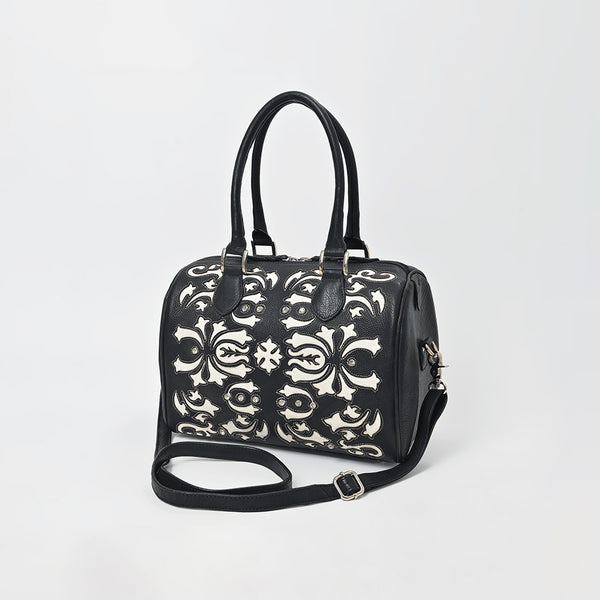 American Darling Western Leather Tooling Duffel Bag Black White Tooled Embroidery Satchel Crossbody Purse for Women
