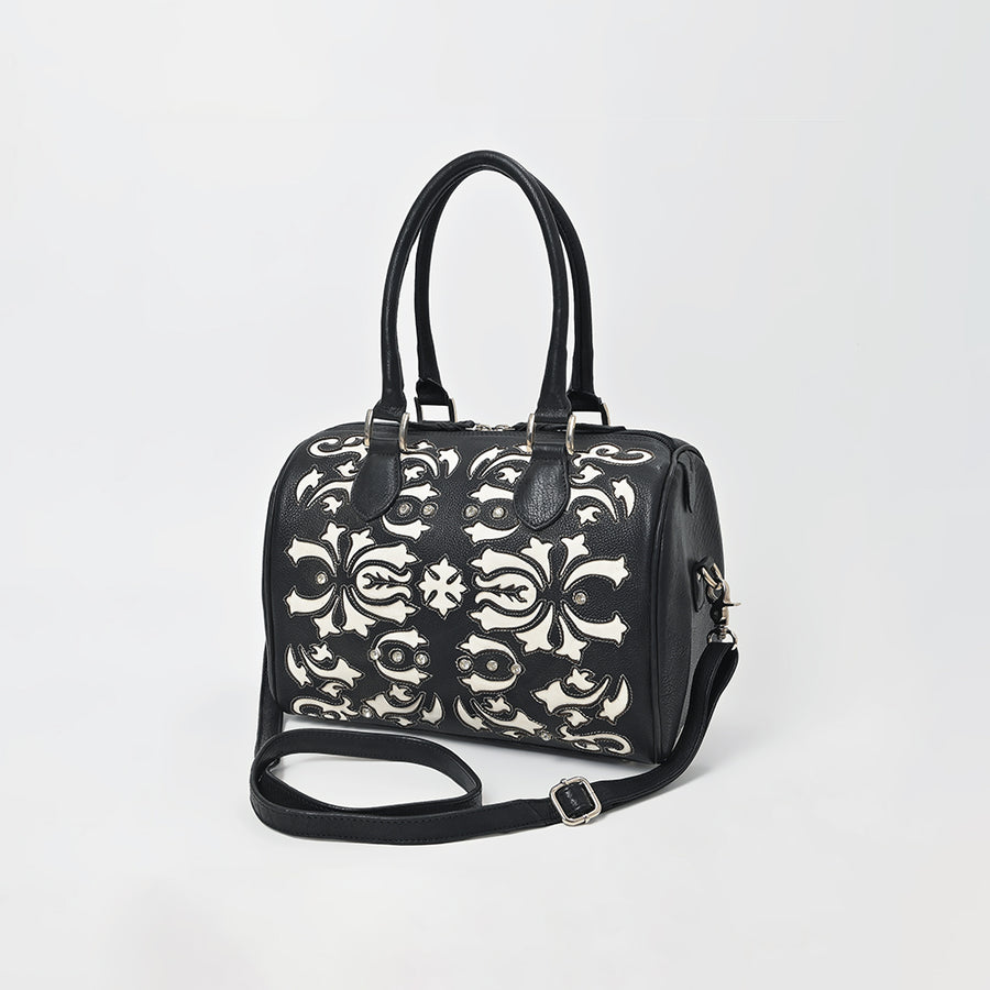 American Darling Western Leather Tooling Duffel Bag Black White Tooled Embroidery Satchel Crossbody Purse for Women