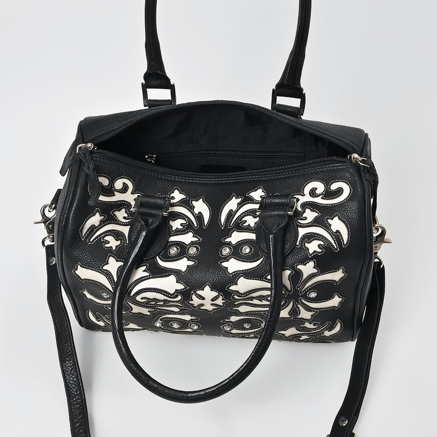 American Darling Western Leather Tooling Duffel Bag Black White Tooled Embroidery Satchel Crossbody Purse for Women