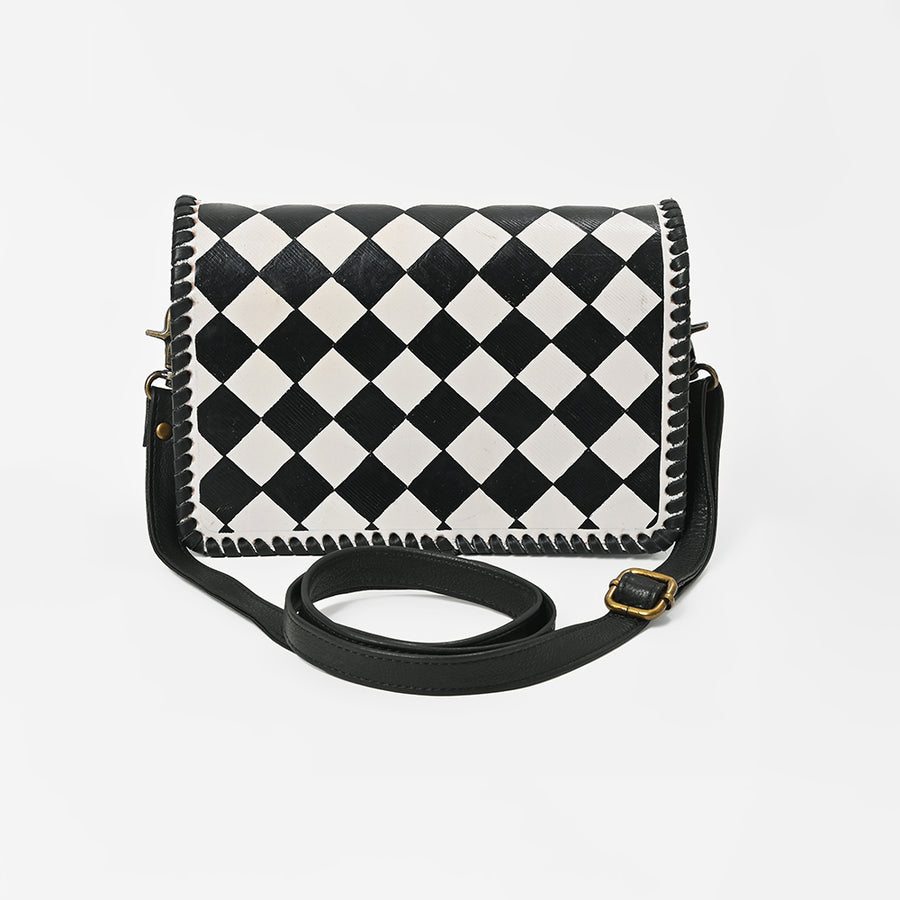 American Darling Western Leather Crossbody Bag Black White Checkered Basketweave Tooled Flap Messenger Purse for Women