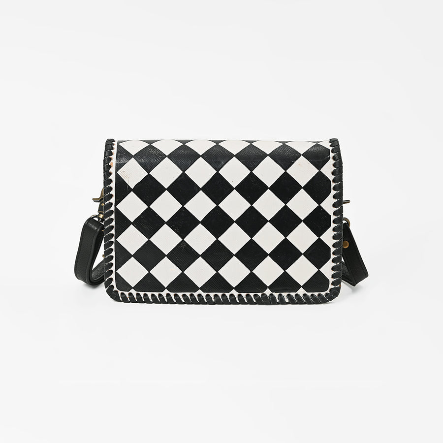 American Darling Western Leather Crossbody Bag Black White Checkered Basketweave Tooled Flap Messenger Purse for Women