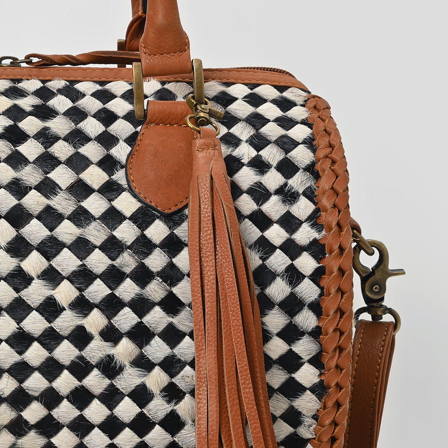 American Darling Woven Hair-On Hide Leather Satchel Bag for Women, Western Crossbody Purse with Tassel