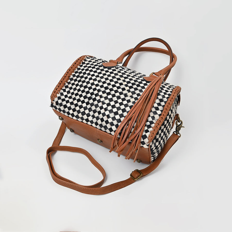 American Darling Woven Hair-On Hide Leather Satchel Bag for Women, Western Crossbody Purse with Tassel
