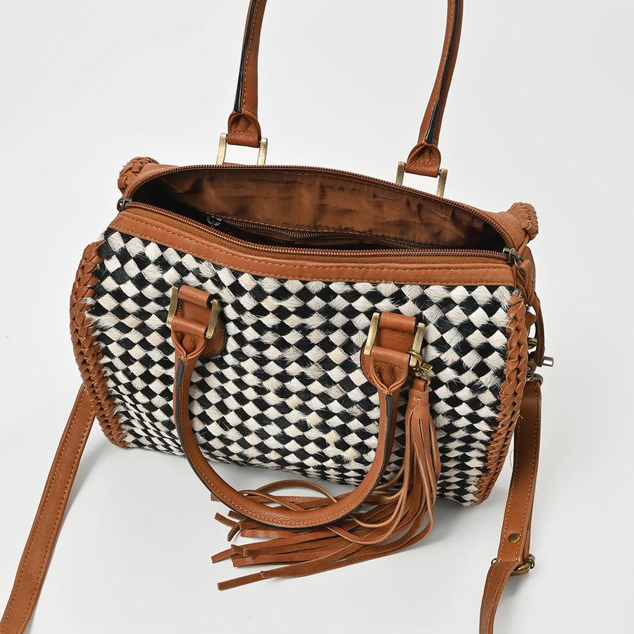 American Darling Woven Hair-On Hide Leather Satchel Bag for Women, Western Crossbody Purse with Tassel