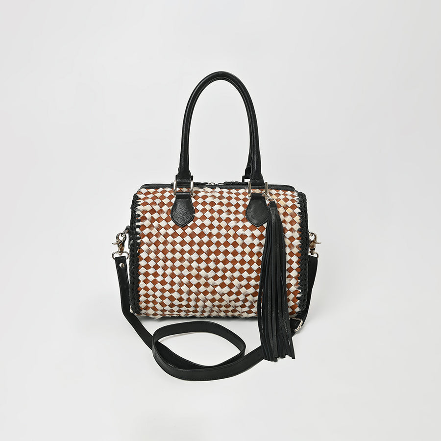 American Darling Handwoven Leather Barrel Bag with Tassel & Dual Handles – Stylish Crossbody Satchel Handbag