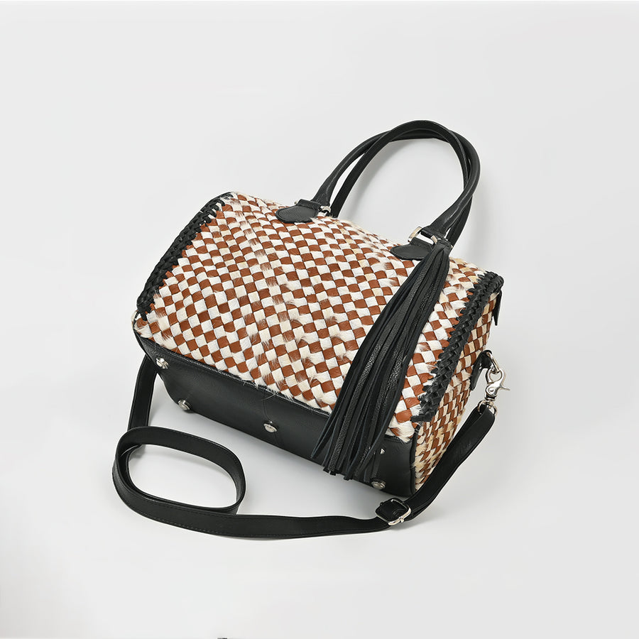 American Darling Handwoven Leather Barrel Bag with Tassel & Dual Handles – Stylish Crossbody Satchel Handbag