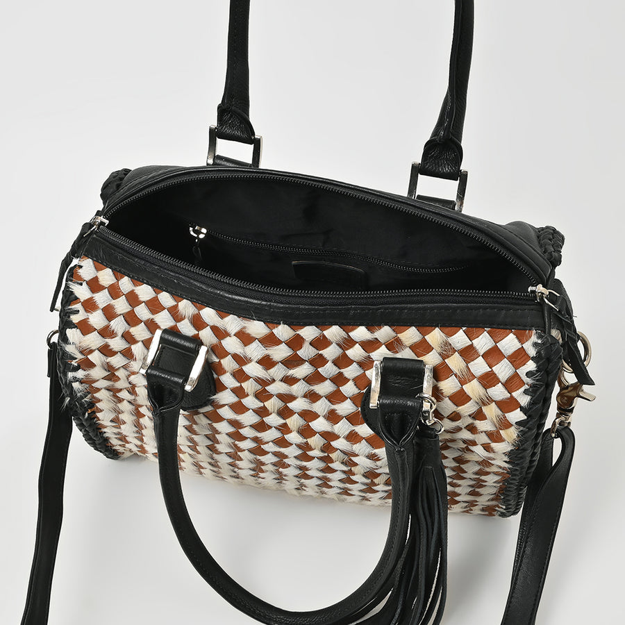 American Darling Handwoven Leather Barrel Bag with Tassel & Dual Handles – Stylish Crossbody Satchel Handbag