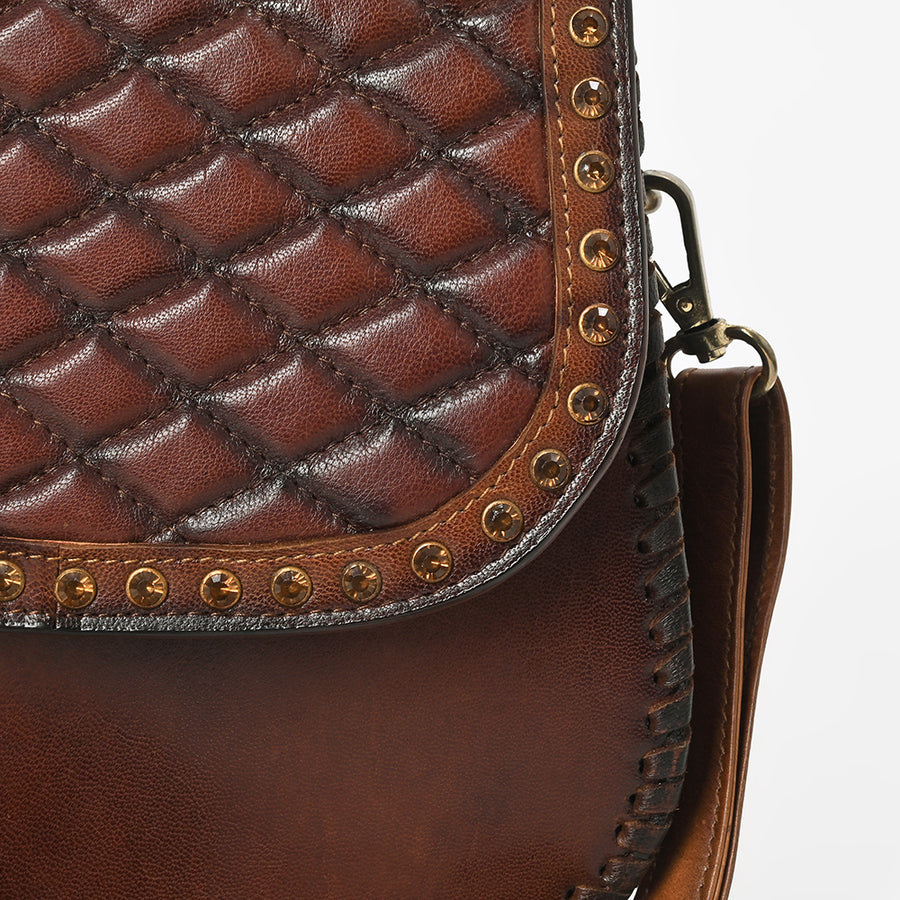 American Darling genuine Leather Quilted Crossbody Bag with Studded Flap