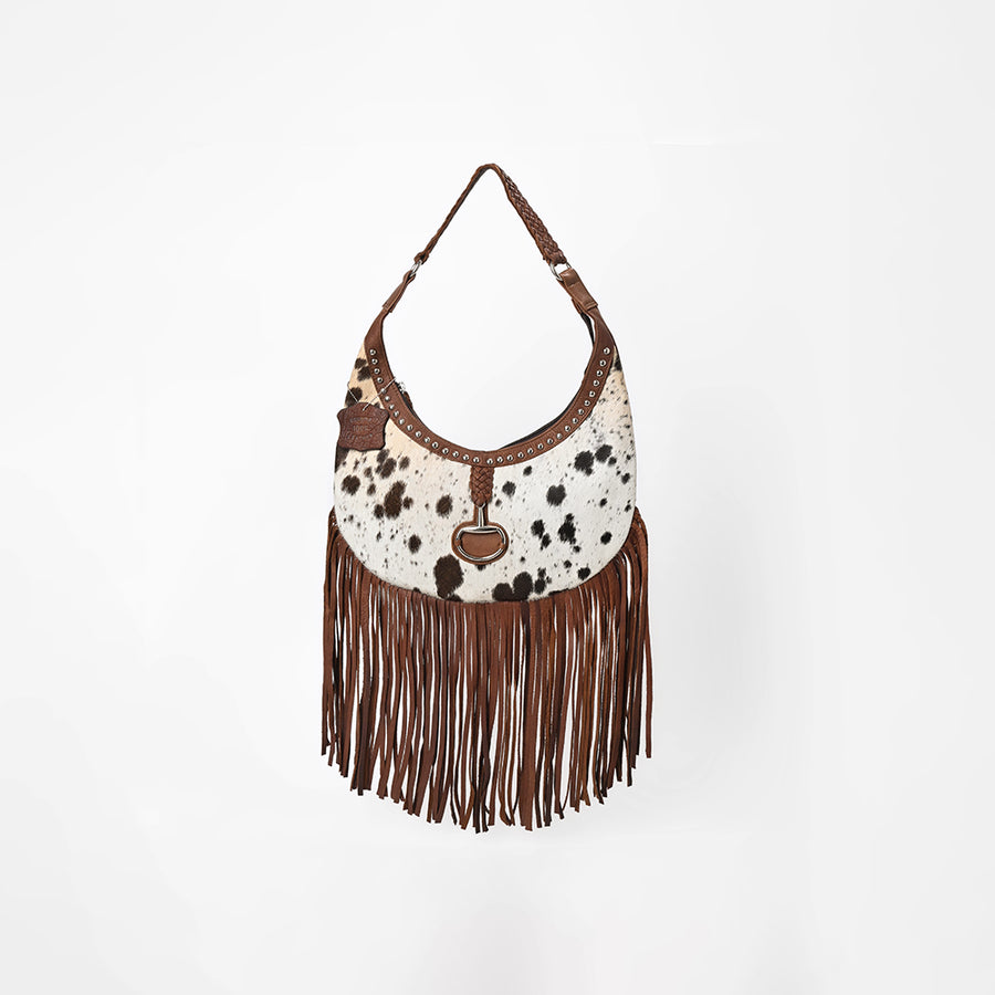 American Darling Spotted Cowhide Leather Fringe Hobo Shoulder Bag with Concho